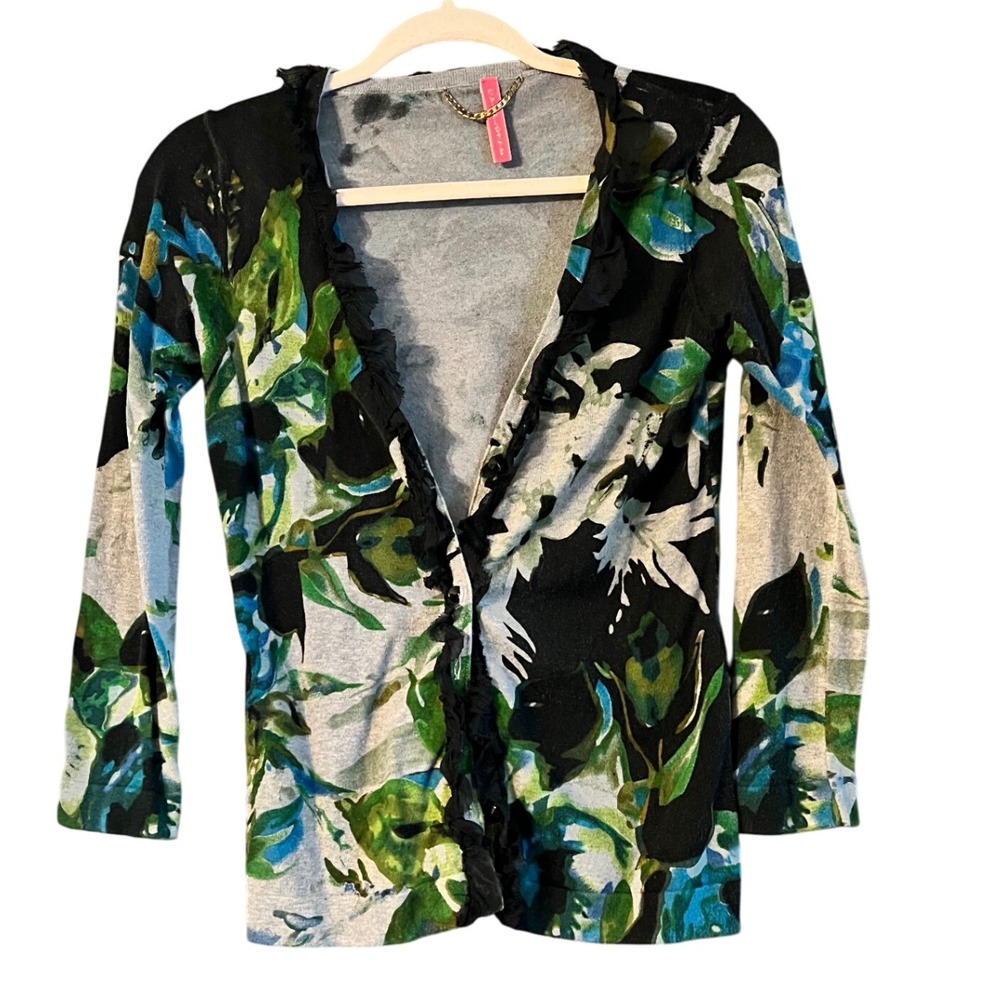 100% Cotton Floral Print Ruffle Trim Cardigan Top Green Blue‎ Black